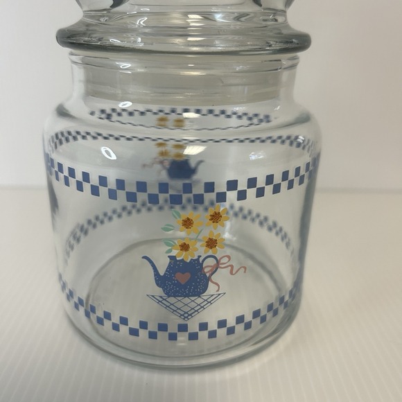 Vintage Anchor Hocking 5" Glass Canister 1986 Blue Tea Pot With Sunflowers‎ - Picture 2 of 8